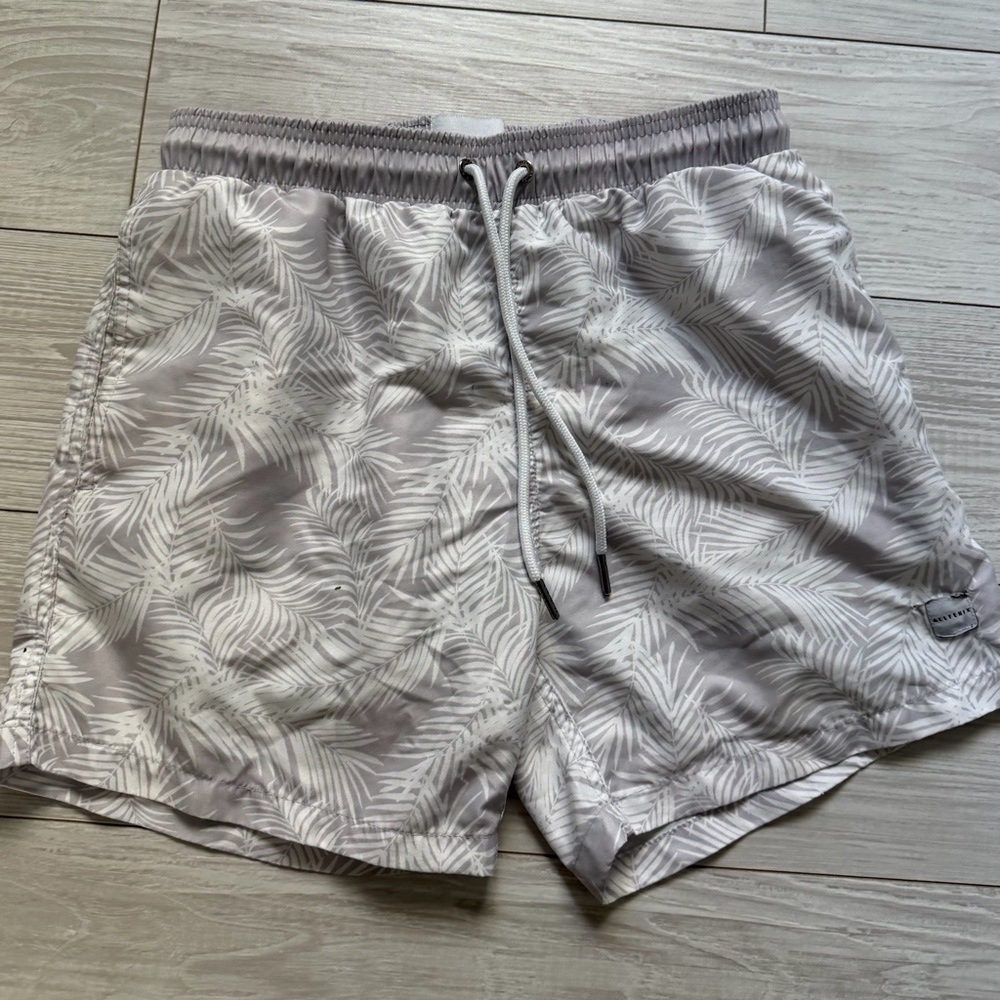 Gray Leaf Print Swim Shorts